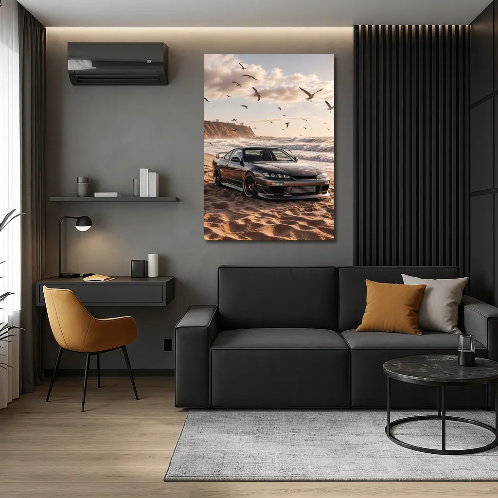 Nissan Silvia S15 Parked On Sandy Beach – Wall Art