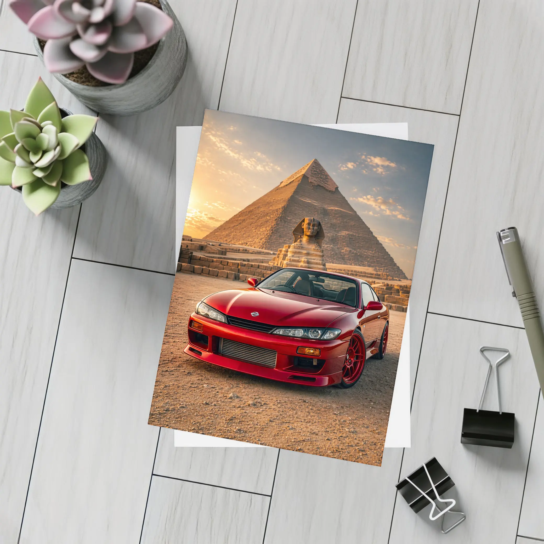 Nissan Silvia Red Car Egypt Pyramids Sunset – Postcards