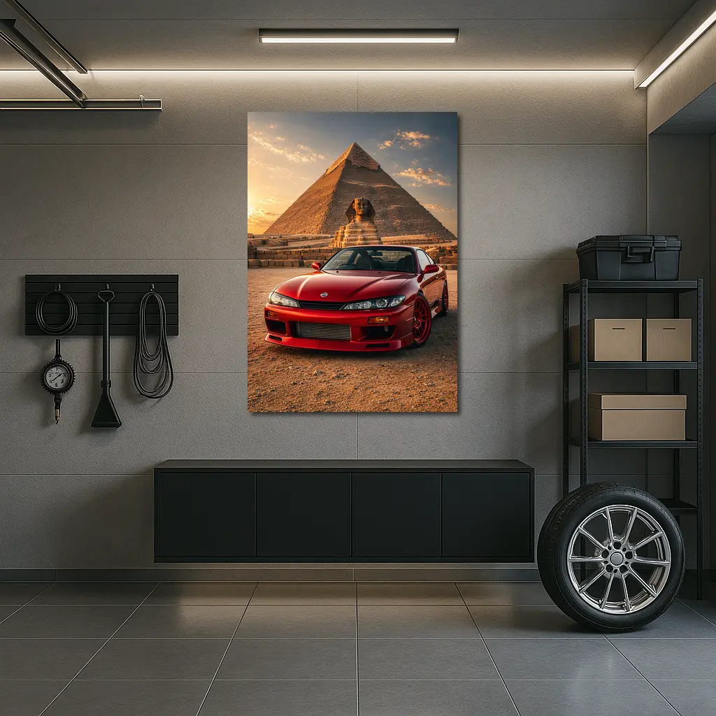 Nissan Silvia Red Car Egypt Pyramids Sunset – Wall Art