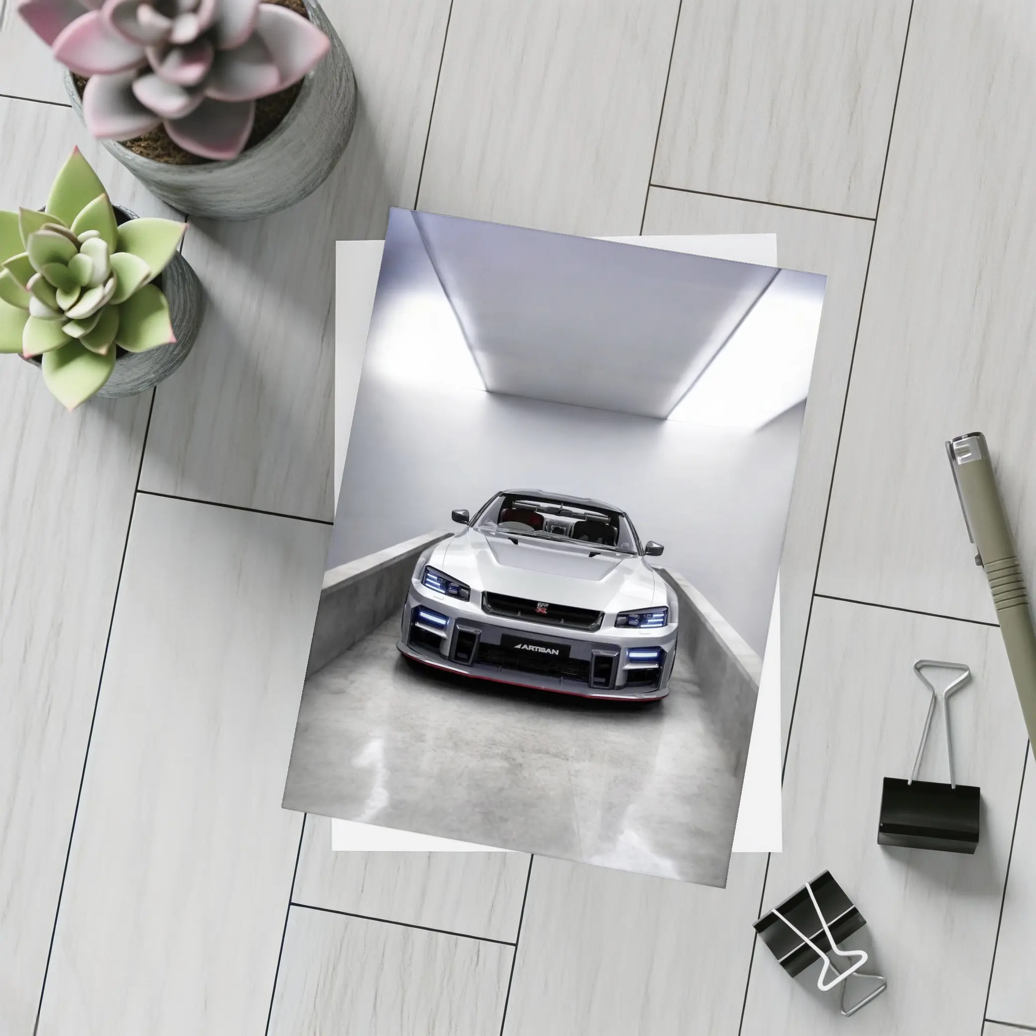Nissan Skyline GT-R Silver Garage Front View – Postcards
