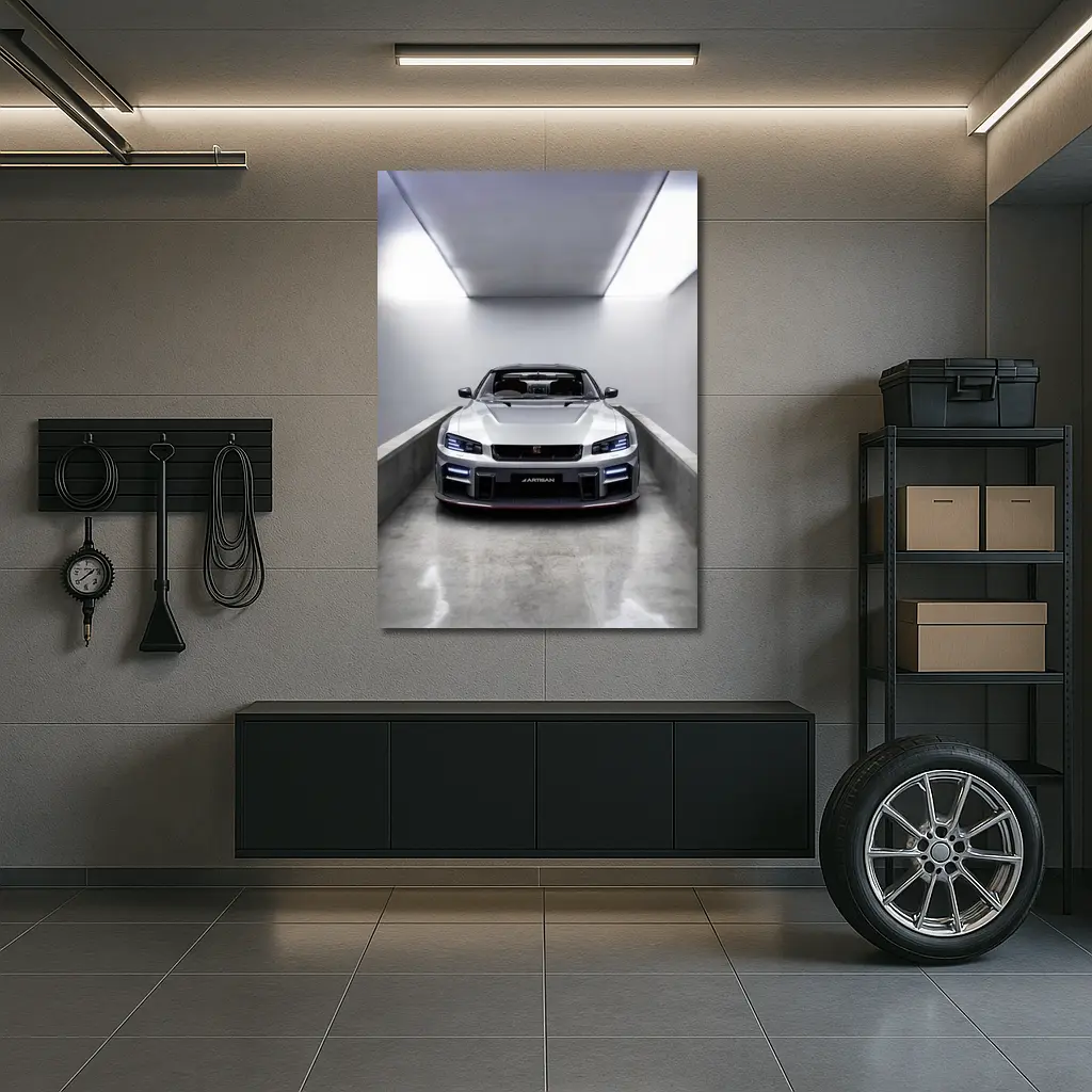 Nissan Skyline GT-R Silver Garage Front View – Wall Art