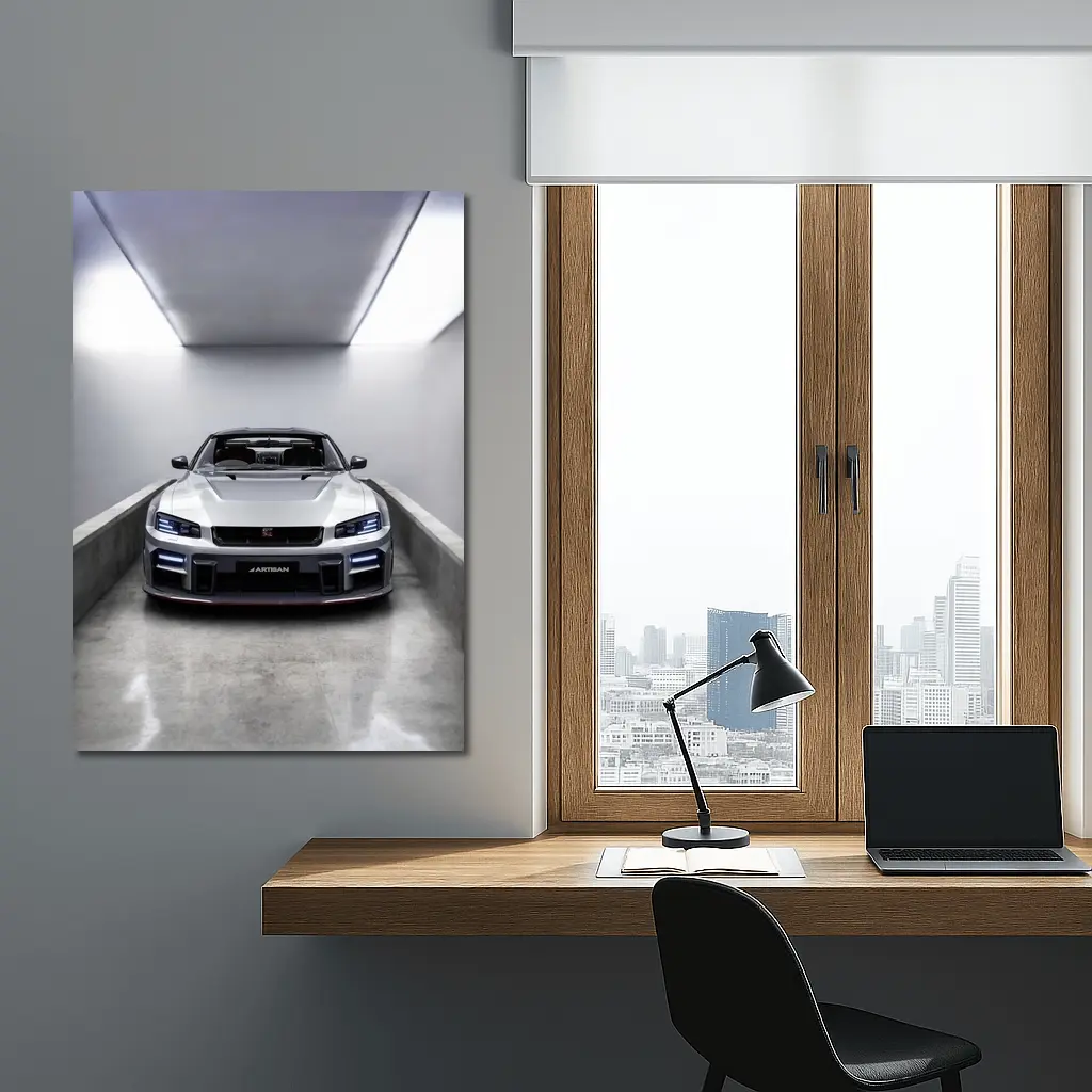 Nissan Skyline GT-R Silver Garage Front View – Wall Art