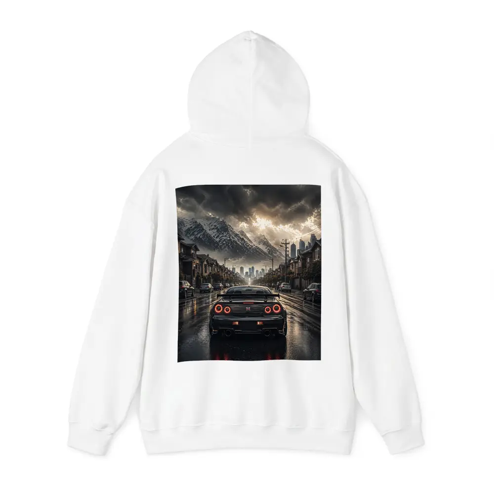 Nissan GT-R Rear View Rainy City Street – Hoodies