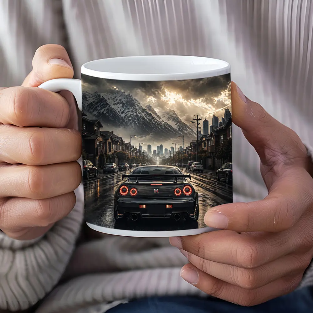 Nissan GT-R Rear View Rainy City Street – Mugs