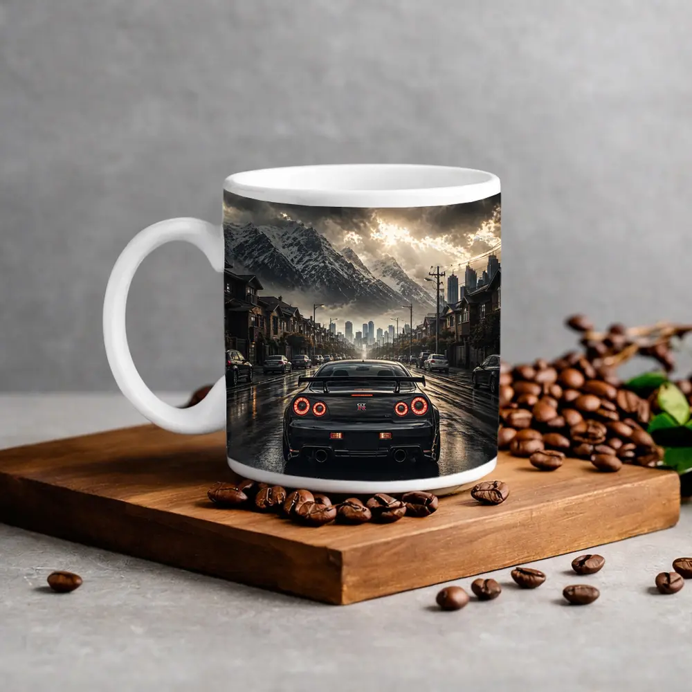 Nissan GT-R Rear View Rainy City Street – Mugs