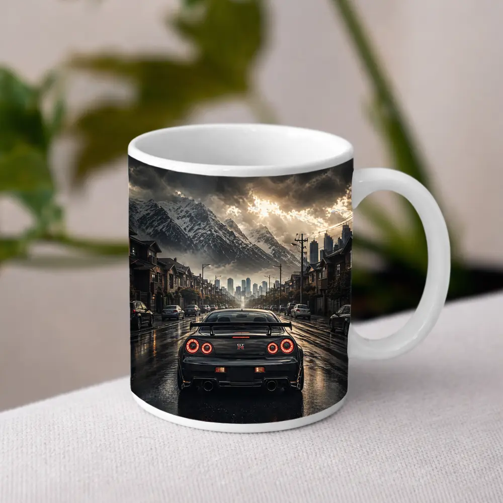 Nissan GT-R Rear View Rainy City Street – Mugs