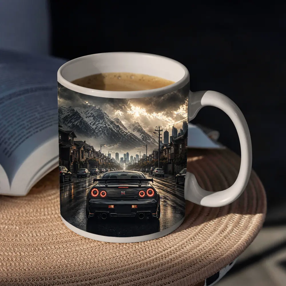 Nissan GT-R Rear View Rainy City Street – Mugs
