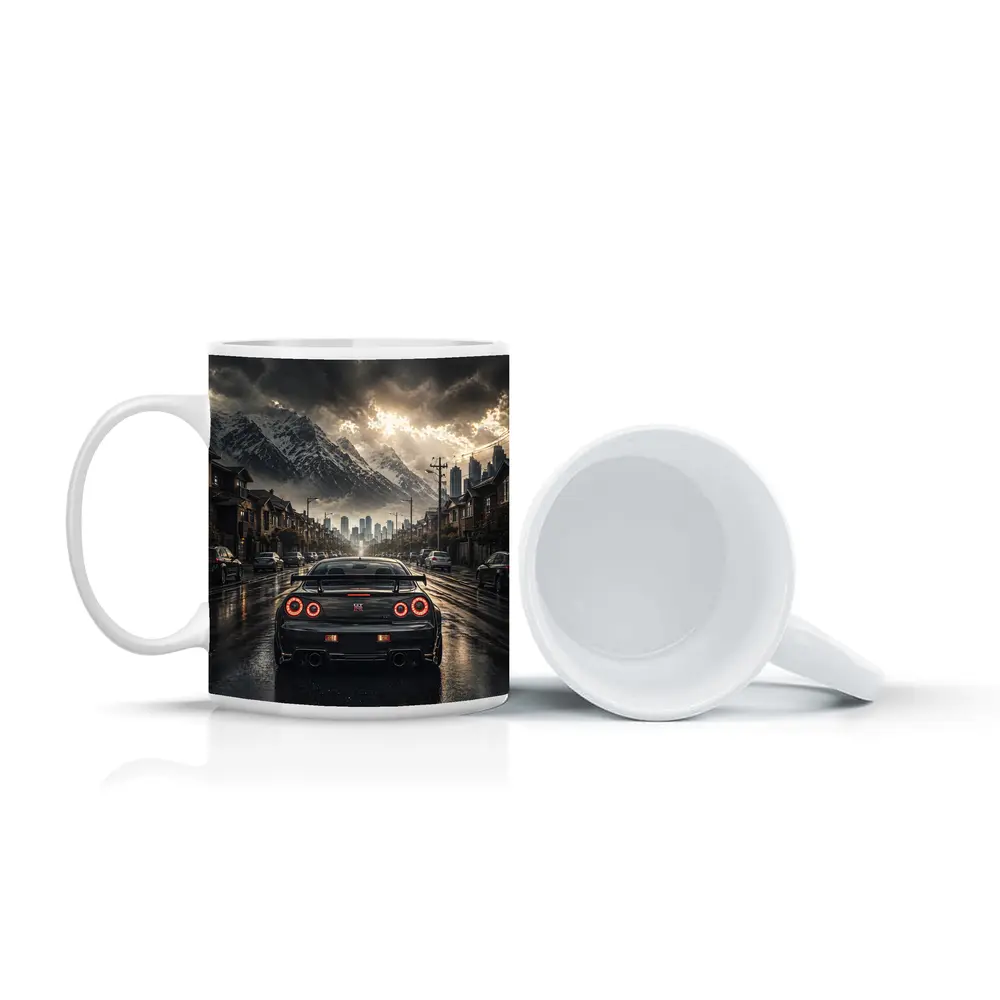 Nissan GT-R Rear View Rainy City Street – Mugs