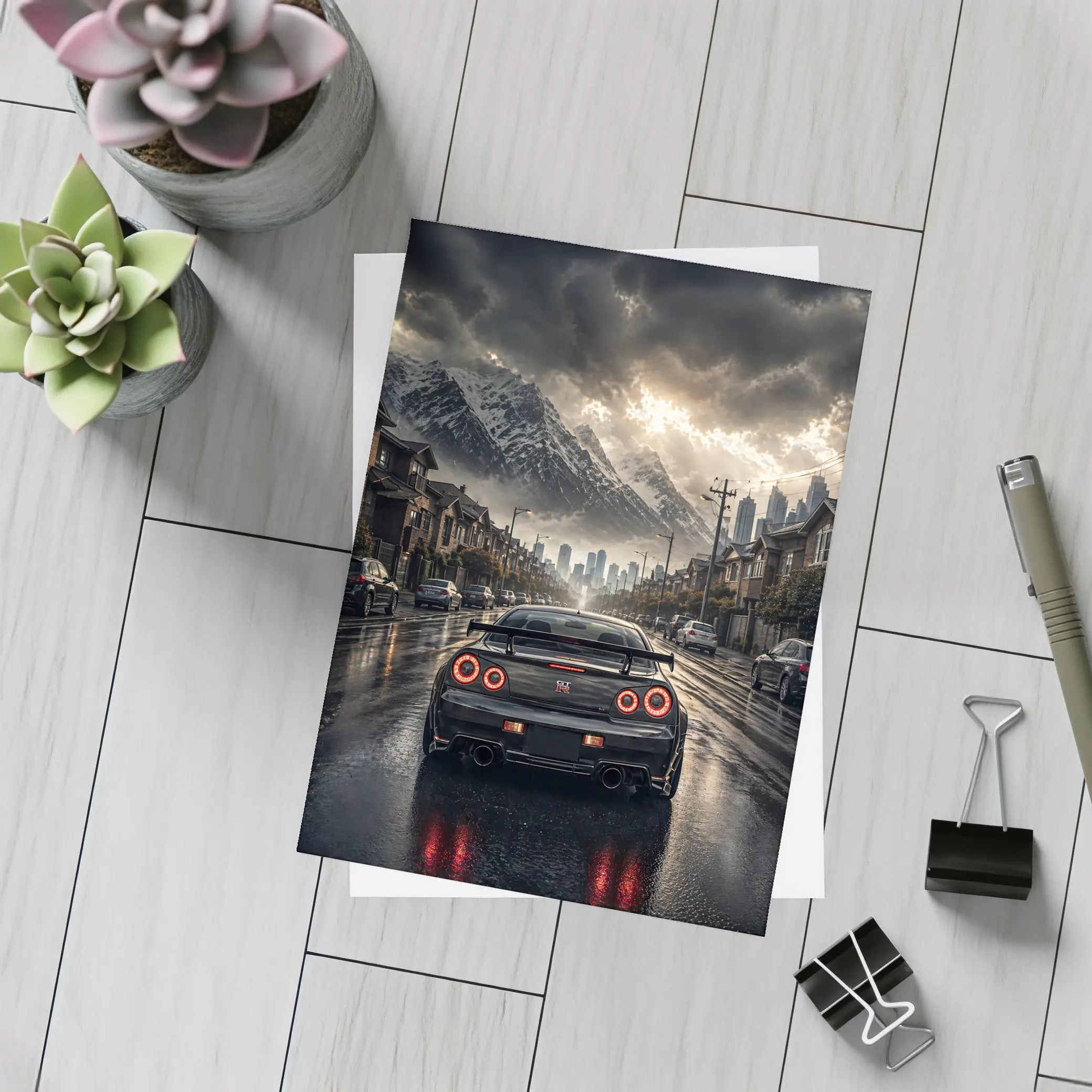 Nissan GT-R Rear View Rainy City Street – Postcards