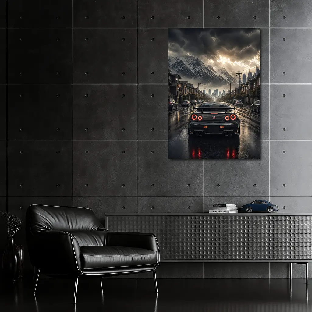 Nissan GT-R Rear View Rainy City Street – Wall Art