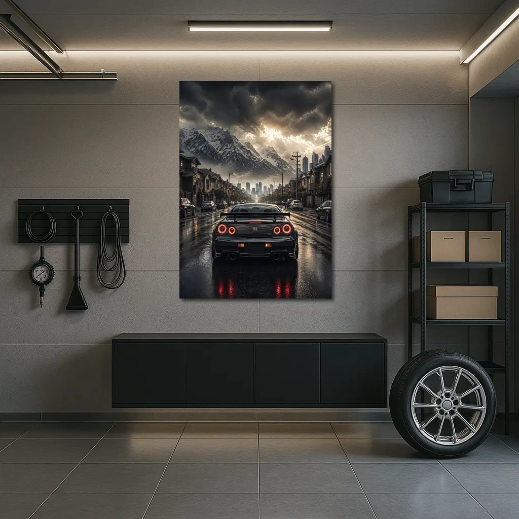 Nissan GT-R Rear View Rainy City Street – Wall Art