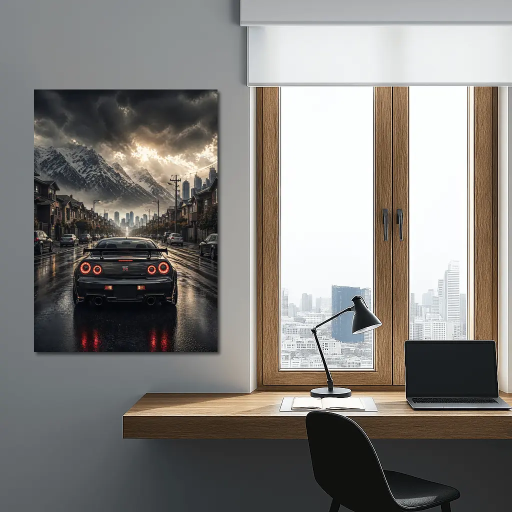 Nissan GT-R Rear View Rainy City Street – Wall Art