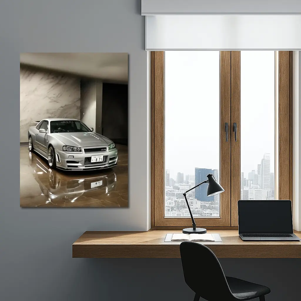 Nissan Skyline GT-R R34 Silver Marble Showroom – Wall Art