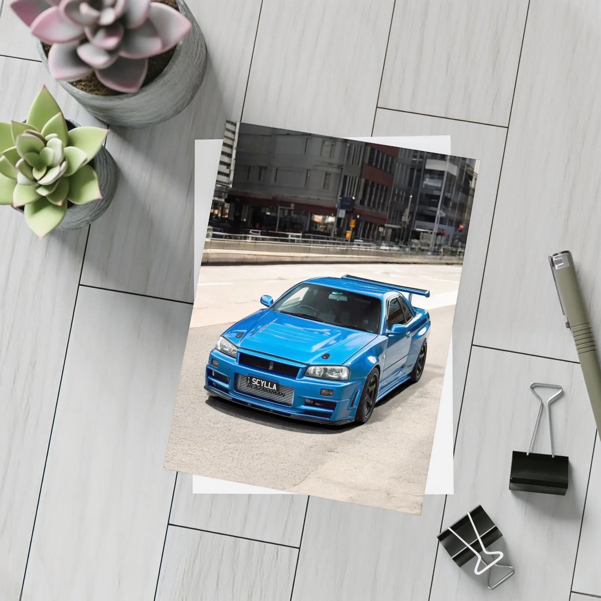 Nissan Skyline GT-R R34 Blue City Street – Postcards
