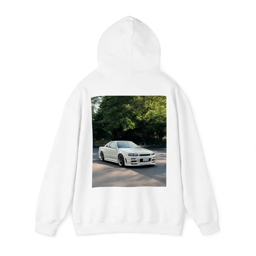 Nissan Skyline GT-R R34 White Street Scene – Hoodies