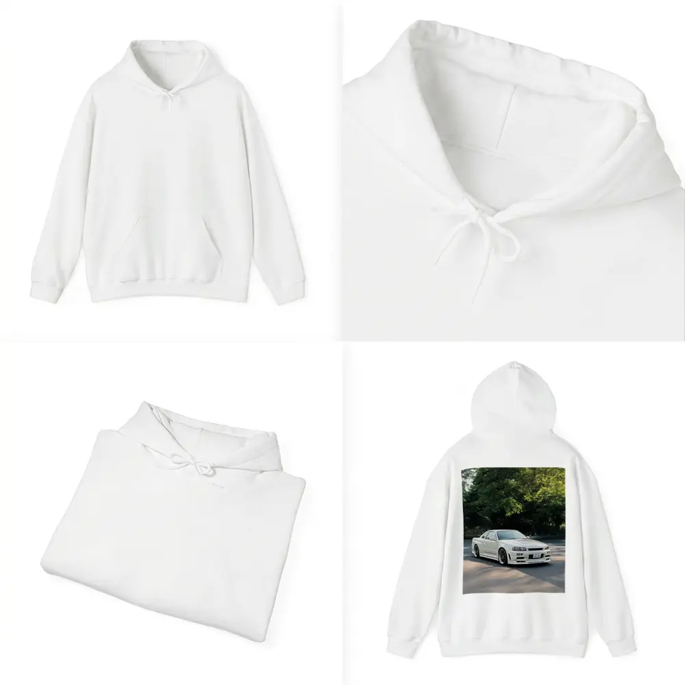 Nissan Skyline GT-R R34 White Street Scene – Hoodies