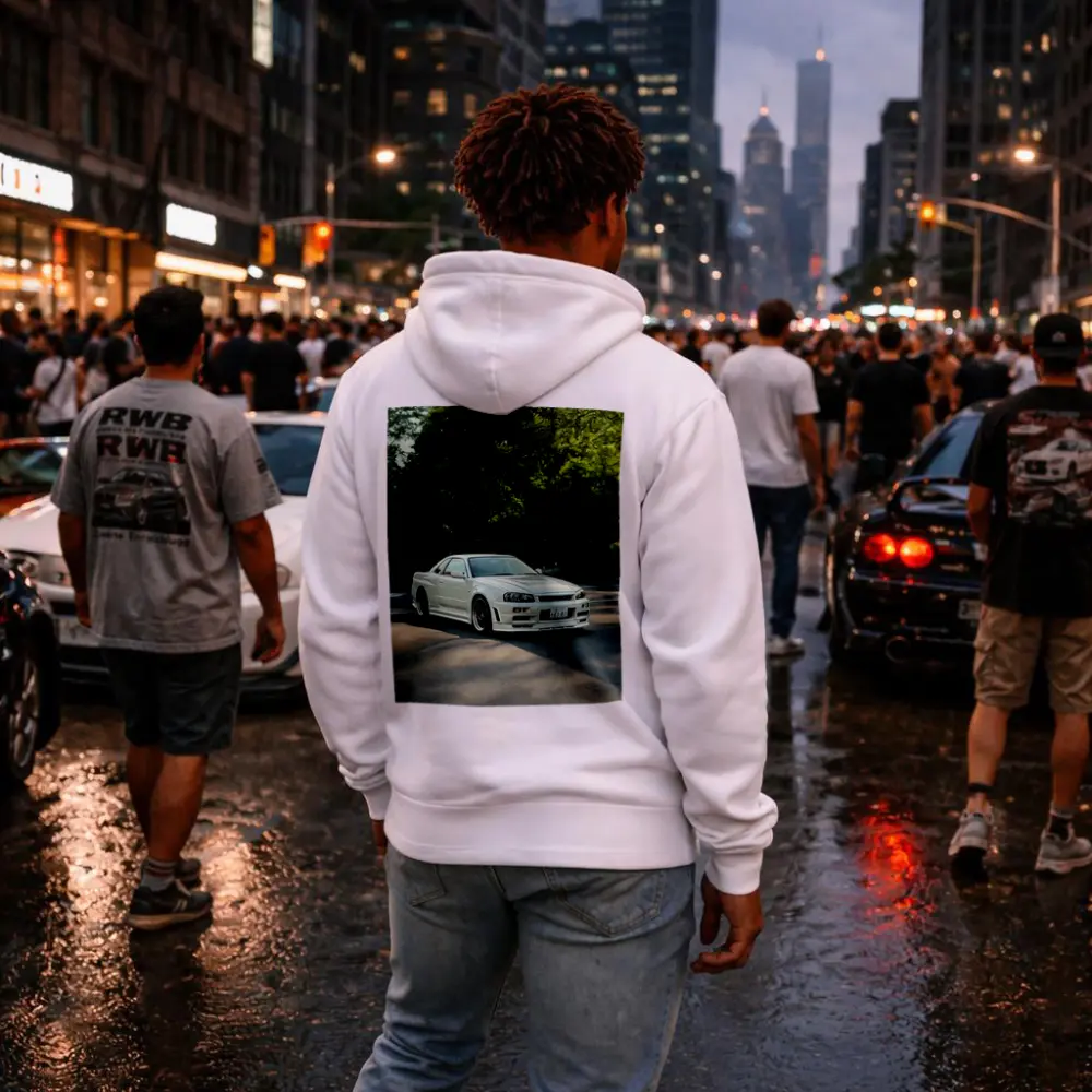 Nissan Skyline GT-R R34 White Street Scene – Hoodies