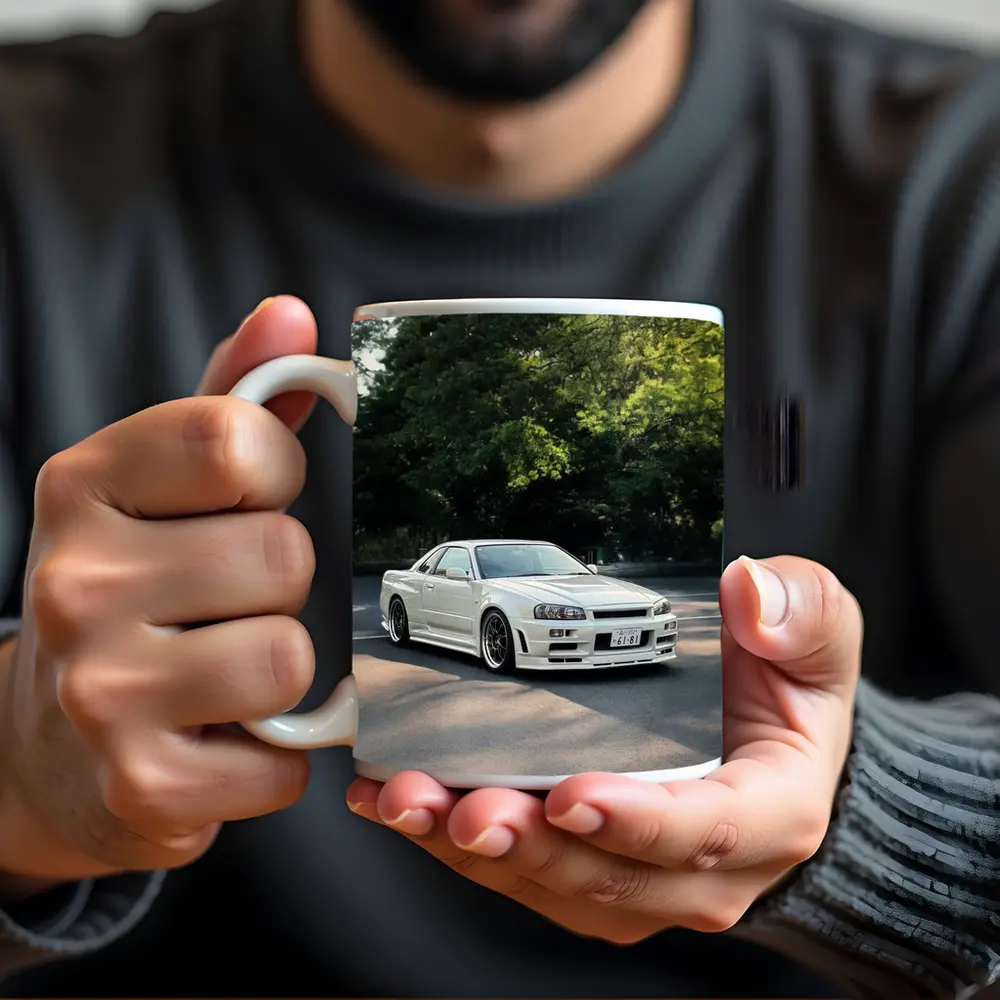 Nissan Skyline GT-R R34 White Street Scene – Mugs