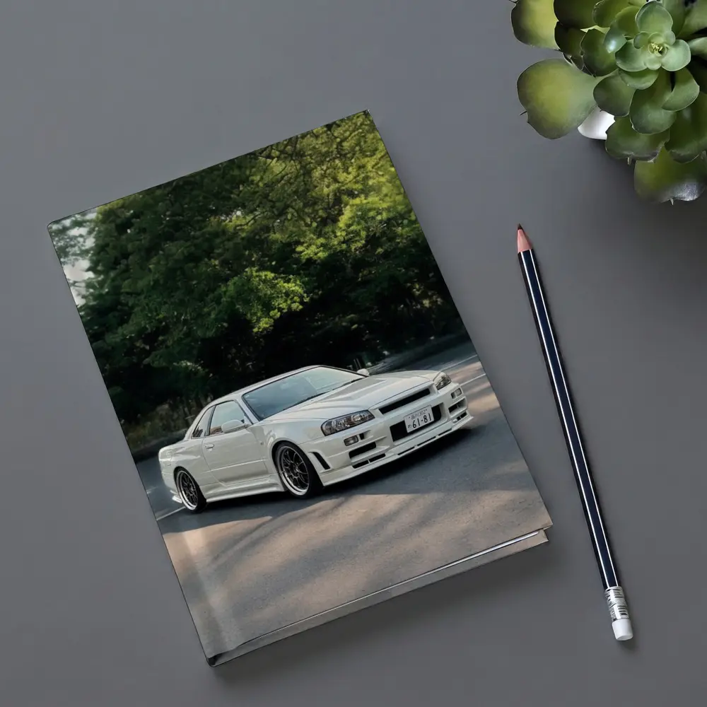 Nissan Skyline GT-R R34 White Street Scene – Notebooks