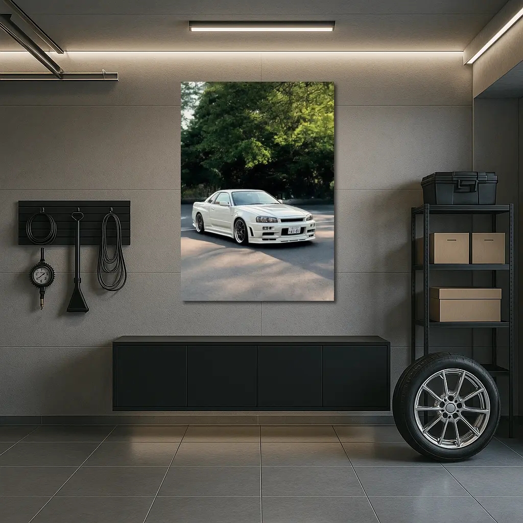 Nissan Skyline GT-R R34 White Street Scene – Wall Art