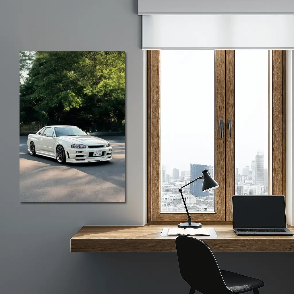 Nissan Skyline GT-R R34 White Street Scene – Wall Art