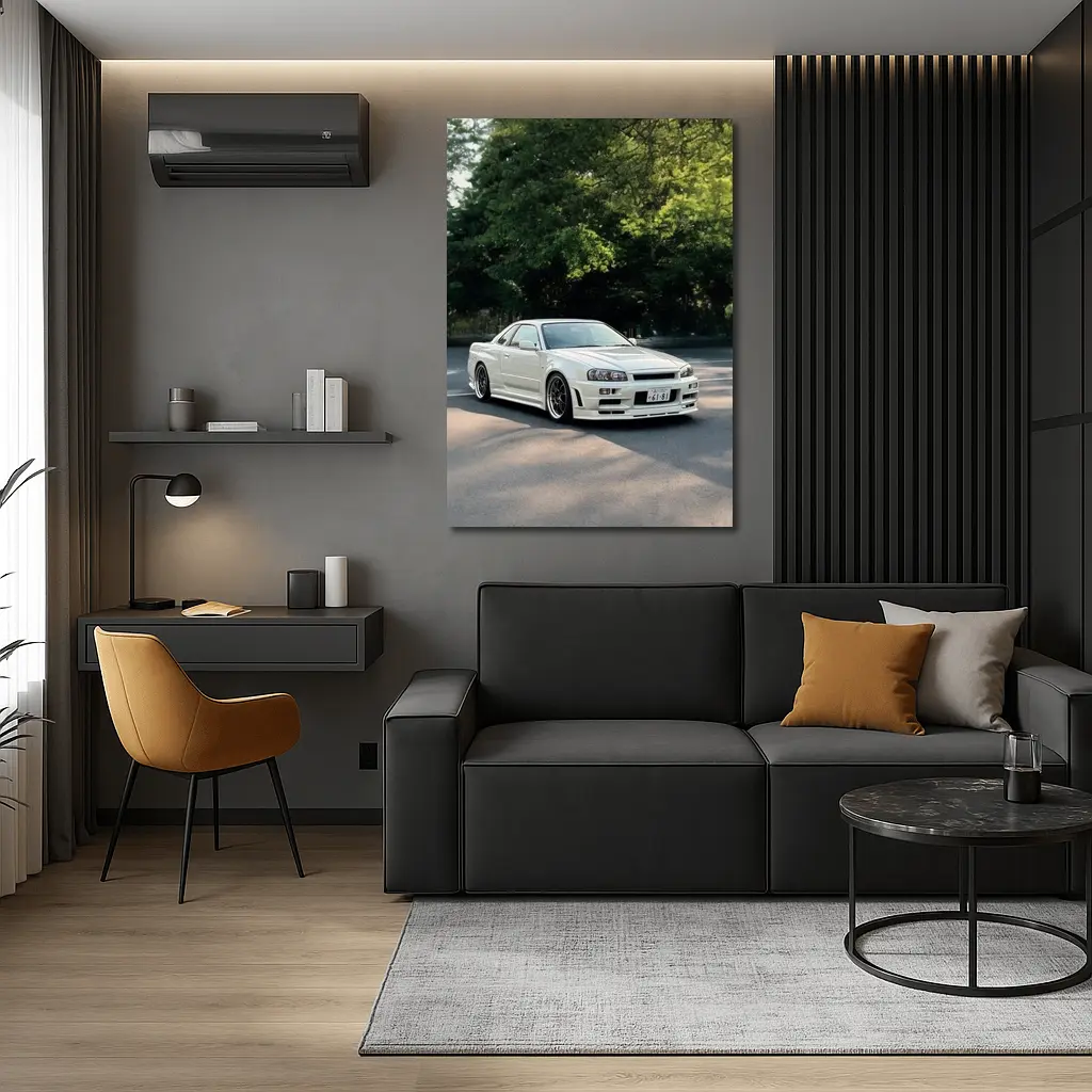 Nissan Skyline GT-R R34 White Street Scene – Wall Art