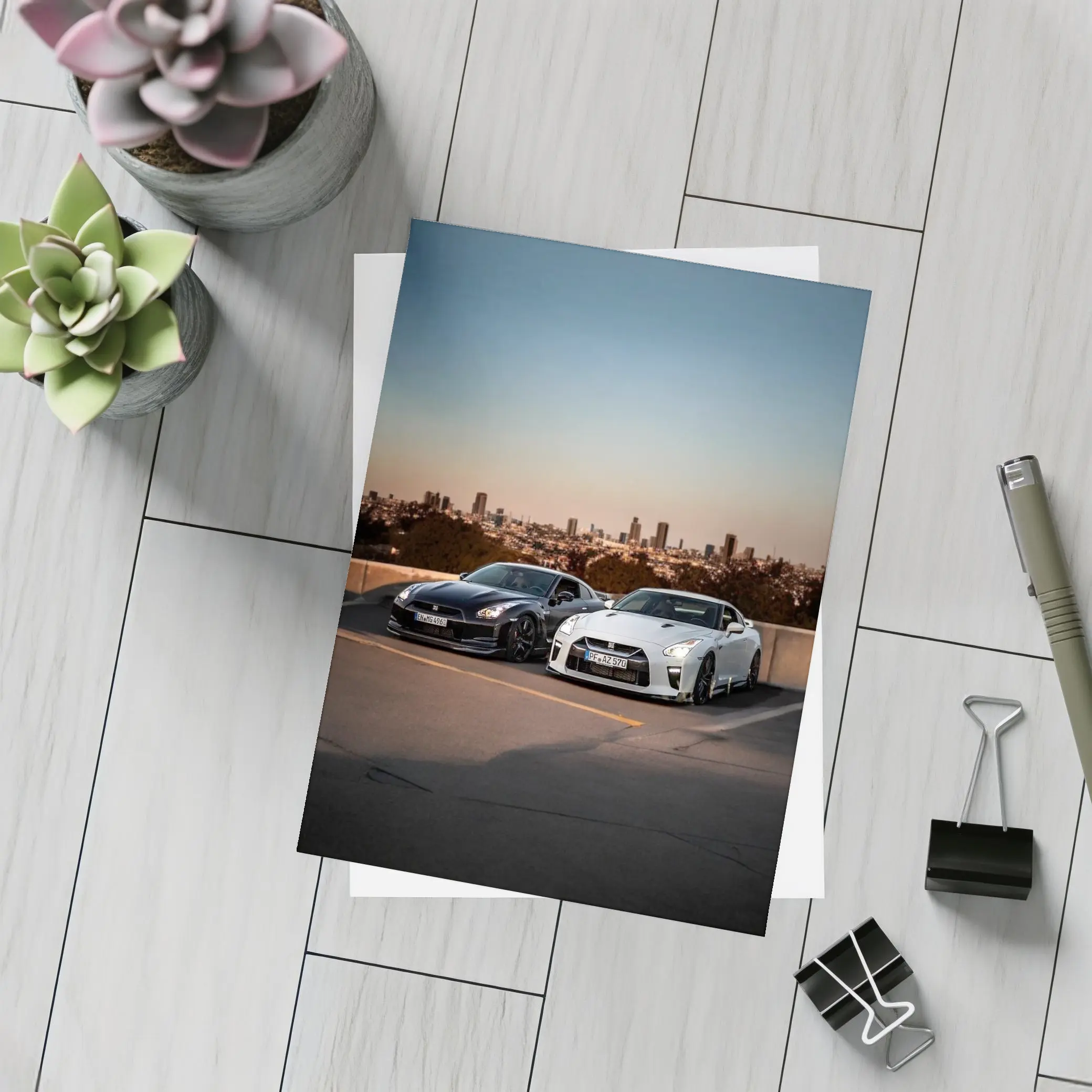 Nissan GT-R Black White City Skyline – Postcards