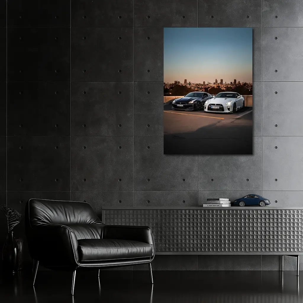 Nissan GT-R Black White City Skyline – Wall Art