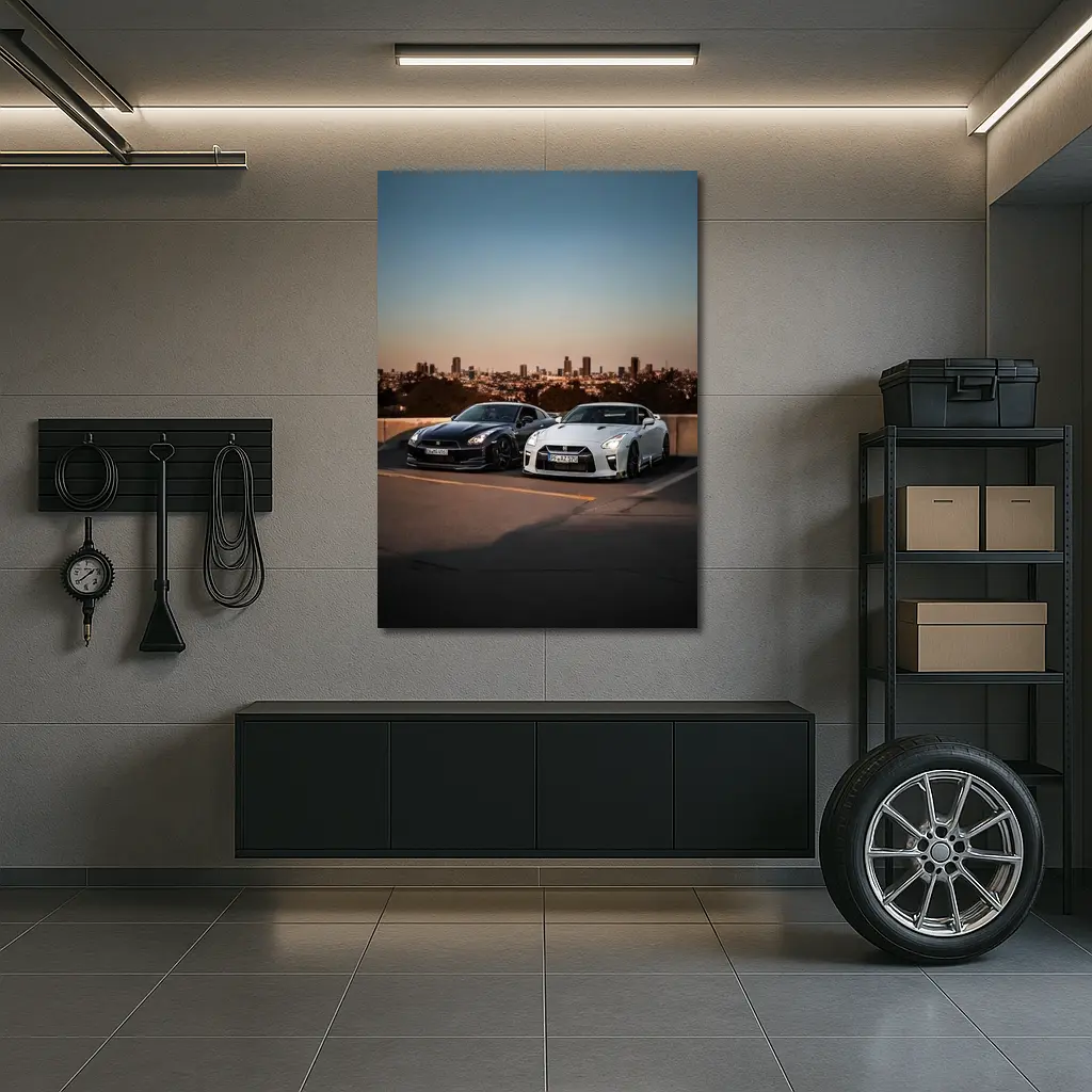Nissan GT-R Black White City Skyline – Wall Art