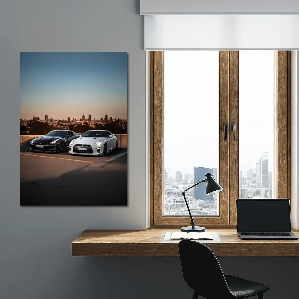 Nissan GT-R Black White City Skyline – Wall Art