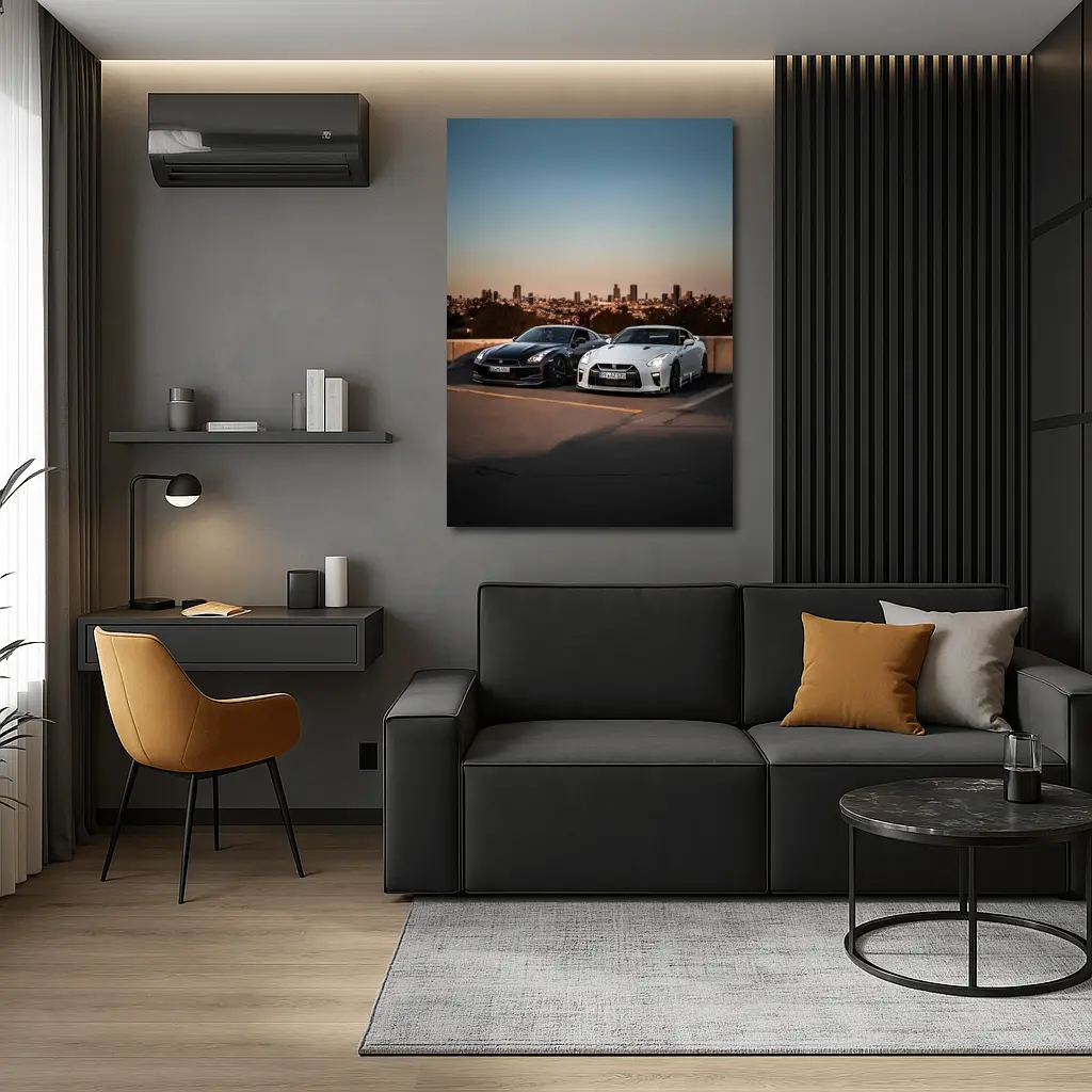 Nissan GT-R Black White City Skyline – Wall Art