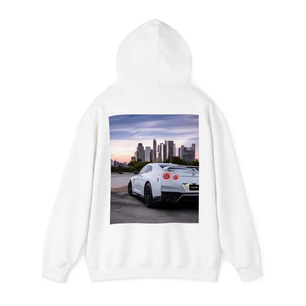 Nissan GT-R White Rear City Skyline – Hoodies