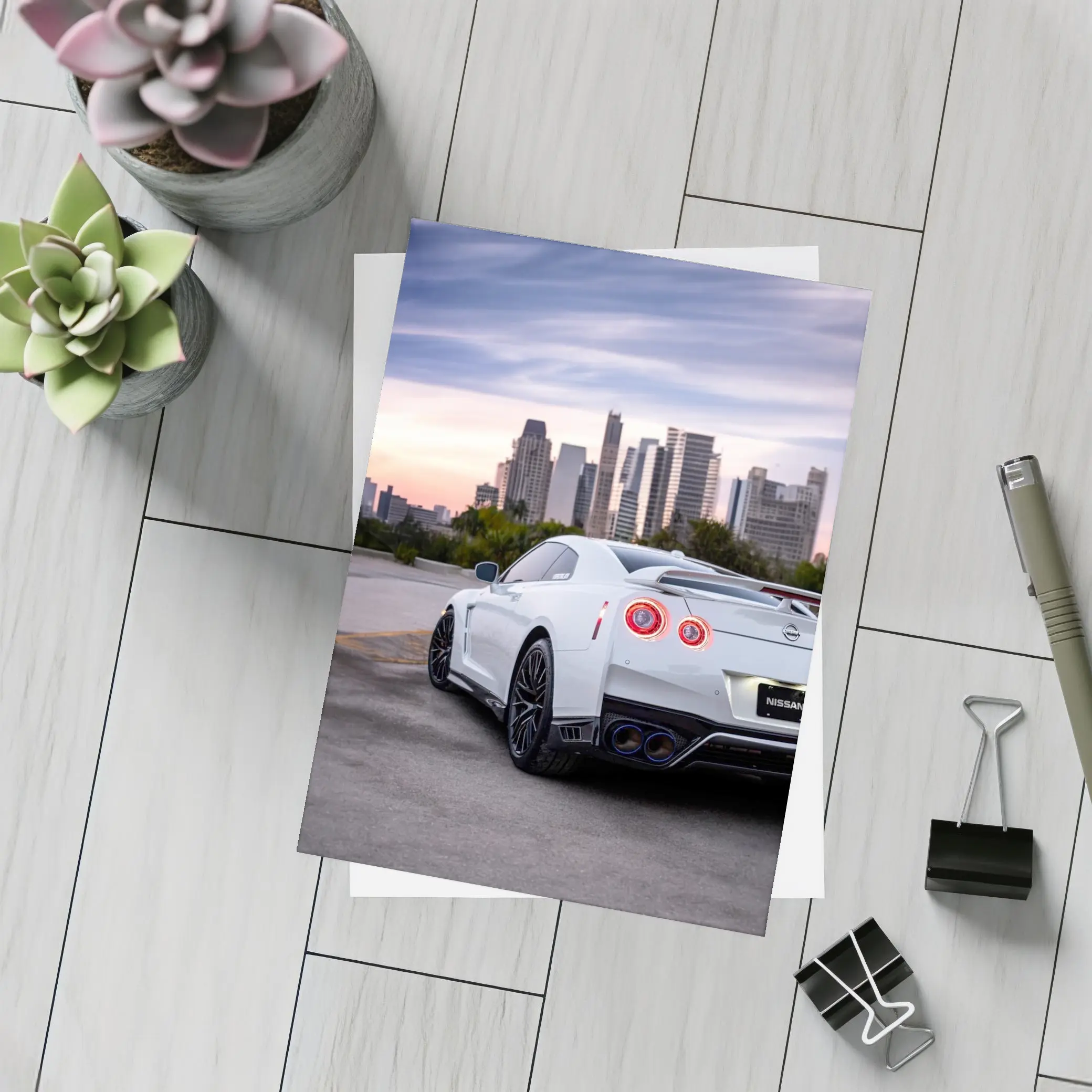 Nissan GT-R White Rear City Skyline – Postcards