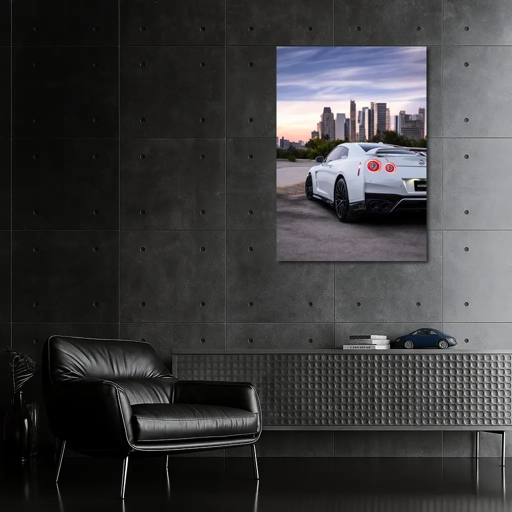 Nissan GT-R White Rear City Skyline – Wall Art