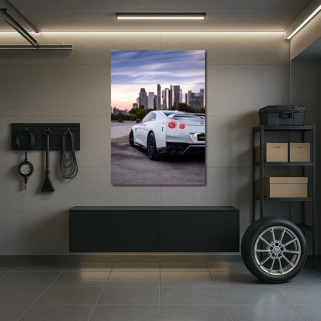 Nissan GT-R White Rear City Skyline – Wall Art