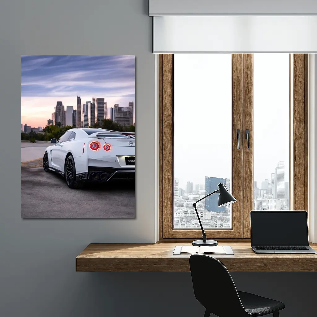Nissan GT-R White Rear City Skyline – Wall Art