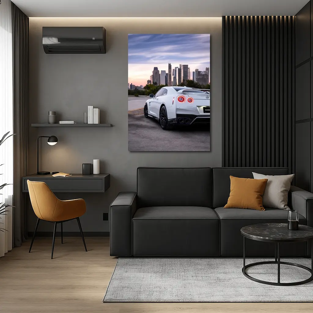 Nissan GT-R White Rear City Skyline – Wall Art