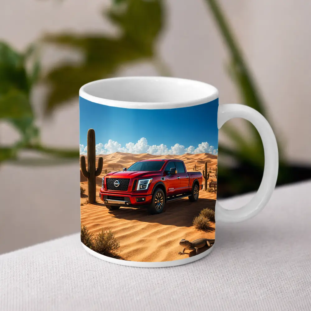 Nissan Titan Red Truck Desert Landscape – Mugs
