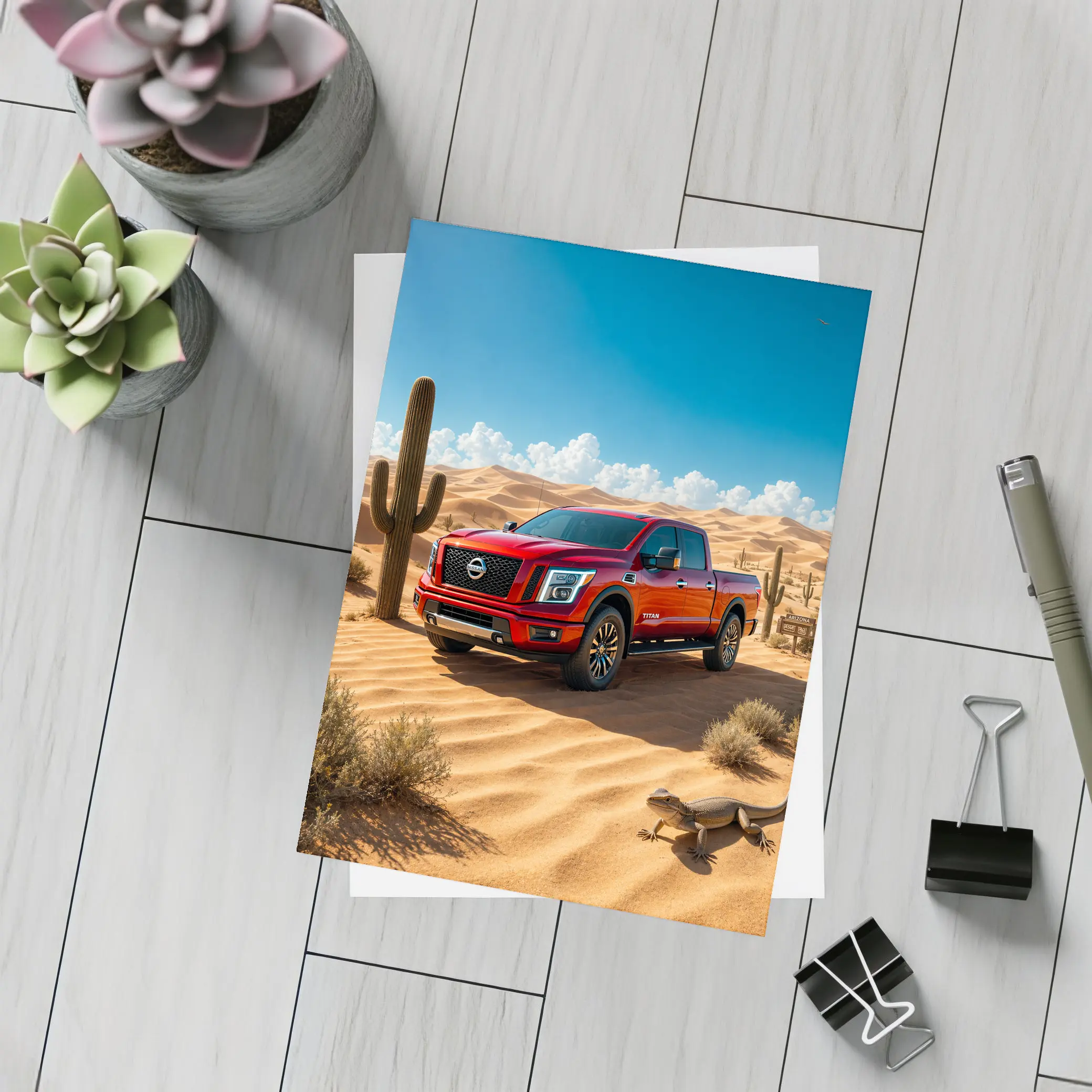 Nissan Titan Red Truck Desert Landscape – Postcards