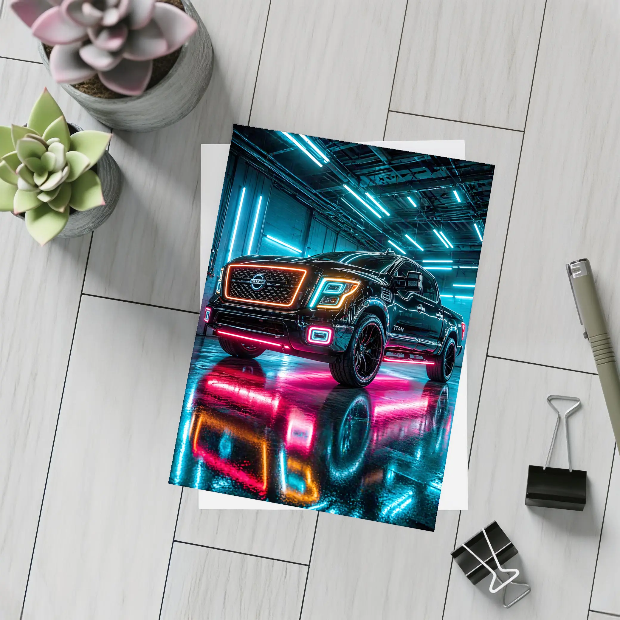 Nissan Titan Neon Lit Garage Night – Postcards