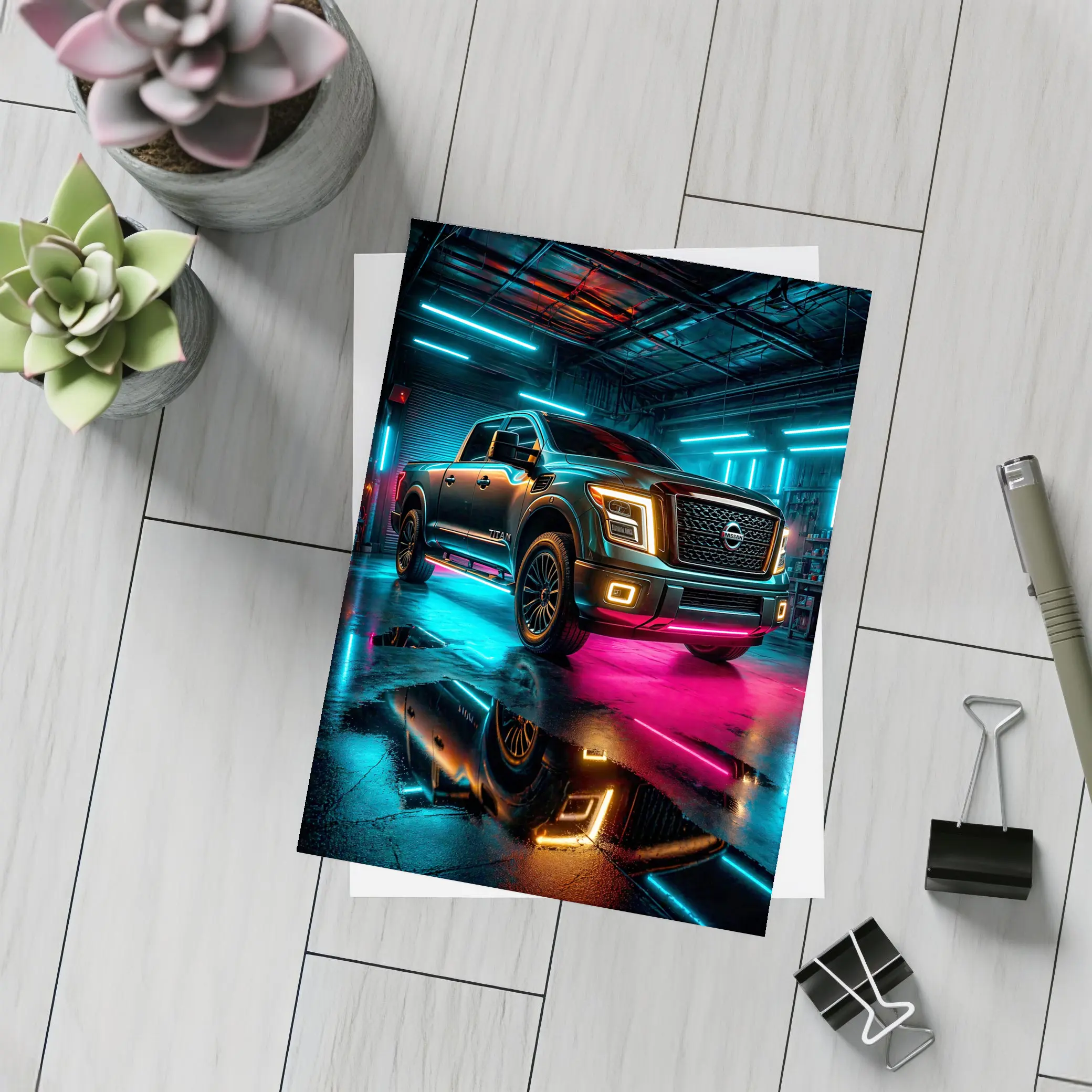 Nissan Titan Neon Garage Night Scene – Postcards