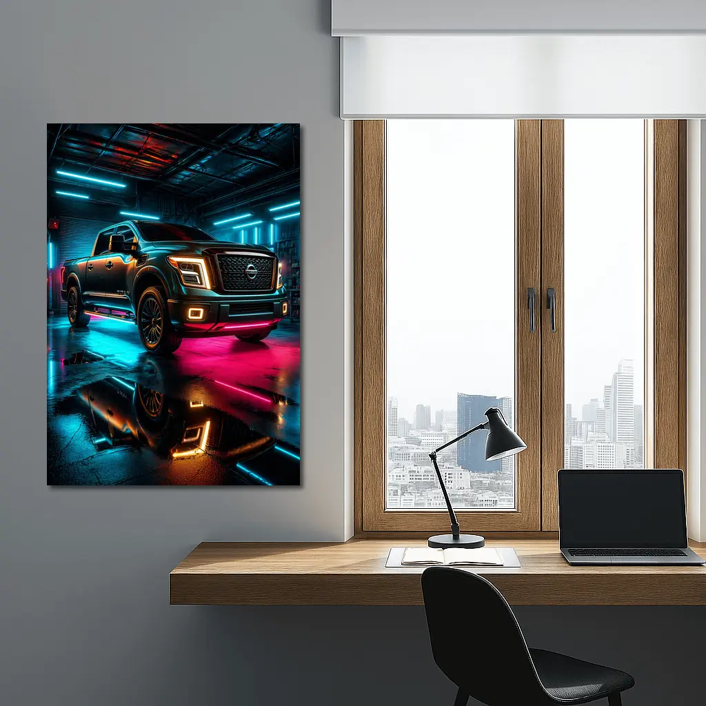 Nissan Titan Neon Garage Night Scene – Wall Art