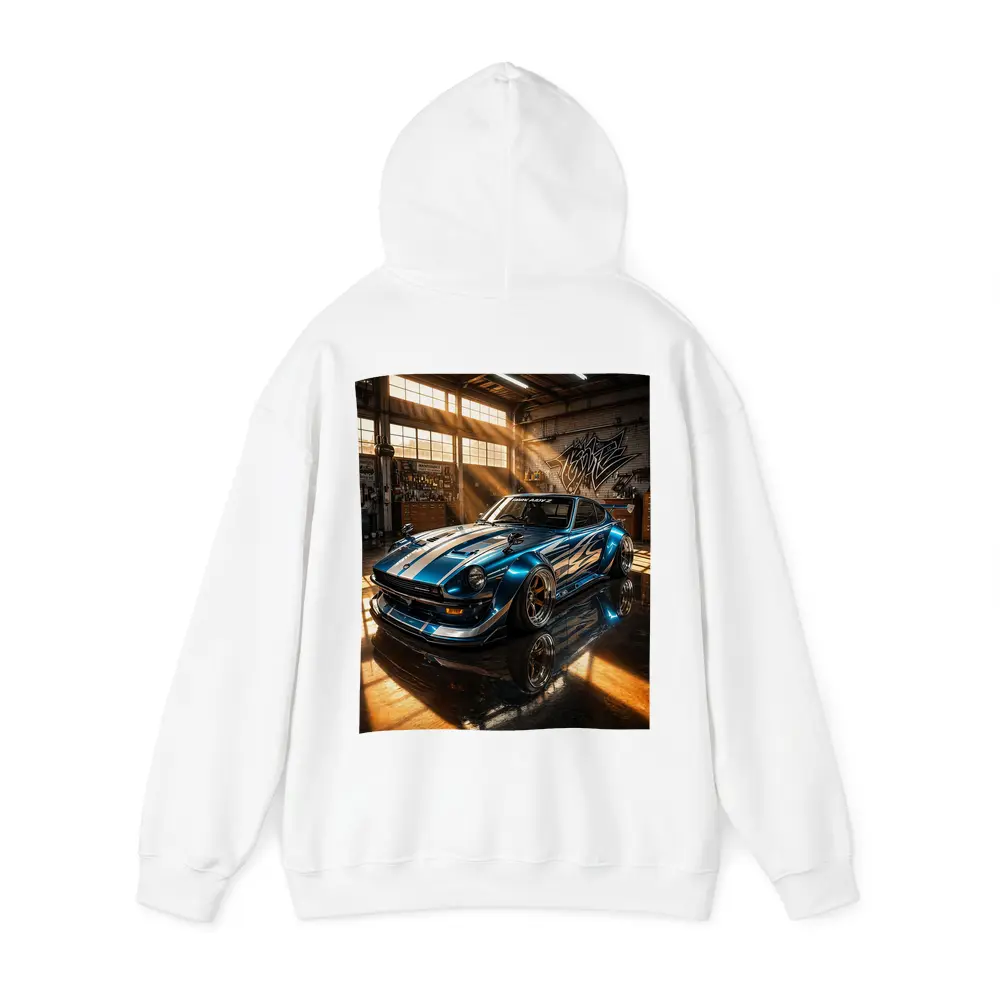 Nissan Z Custom Blue Garage Workshop Scene – Hoodies