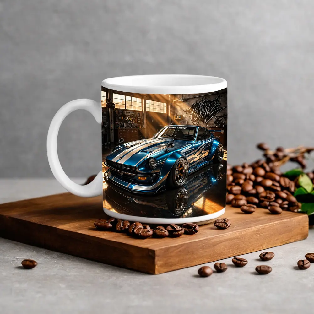 Nissan Z Custom Blue Garage Workshop Scene – Mugs