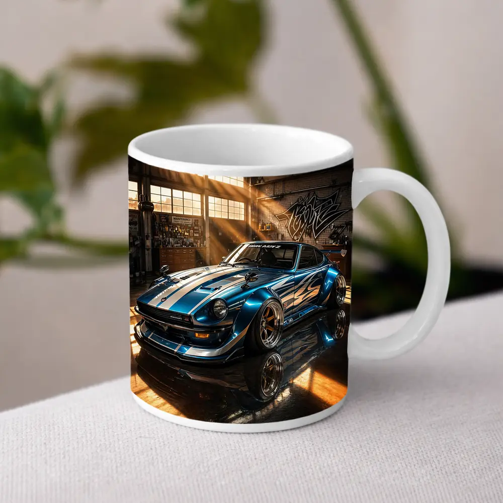 Nissan Z Custom Blue Garage Workshop Scene – Mugs