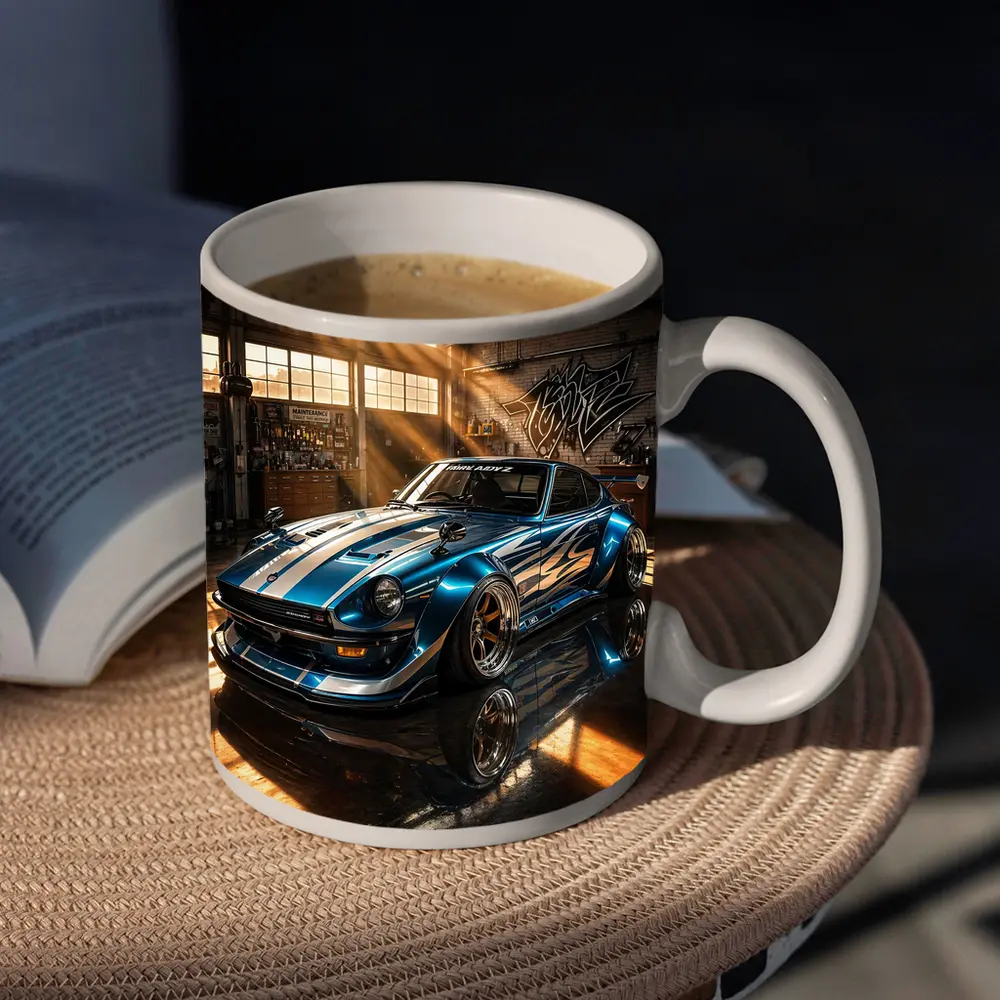 Nissan Z Custom Blue Garage Workshop Scene – Mugs