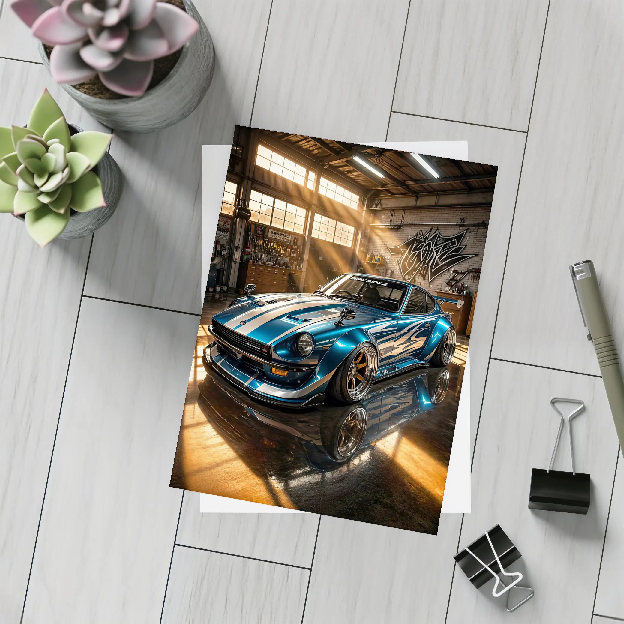 Nissan Z Custom Blue Garage Workshop Scene – Postcards
