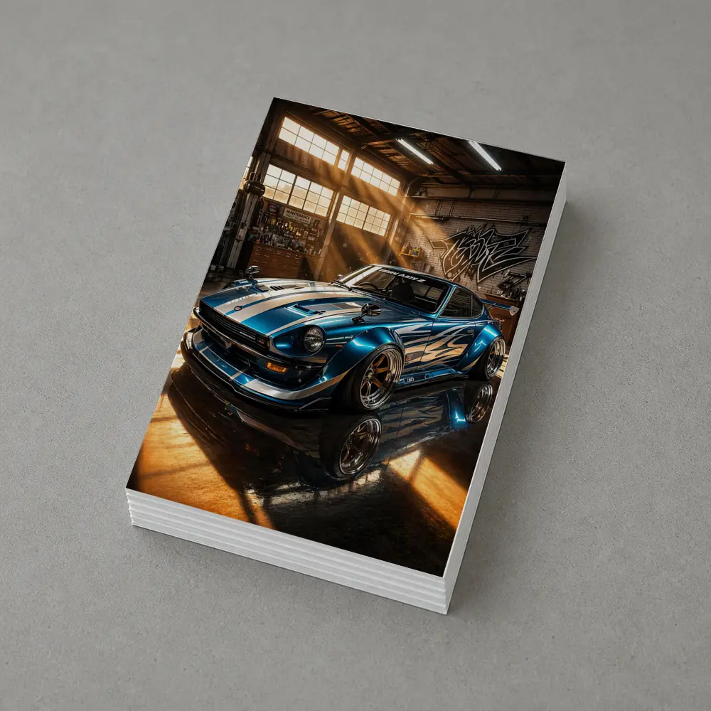 Nissan Z Custom Blue Garage Workshop Scene – Postcards