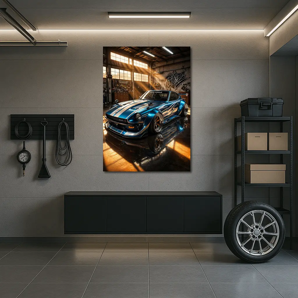 Nissan Z Custom Blue Garage Workshop Scene – Wall Art