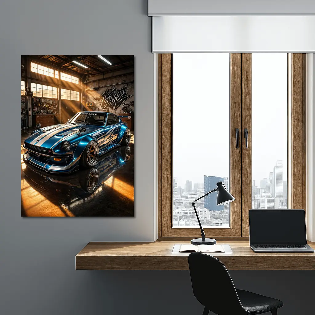 Nissan Z Custom Blue Garage Workshop Scene – Wall Art